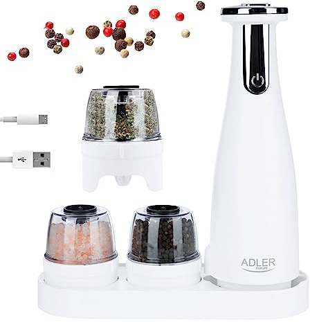 ADLER EUROPE AD 4449W Elektrische Salz- & Pfeffermühle – 3-in-1 Set, Keramikmahlwerk, USB-C, LED, einstellbare Mahlstärke, wiederaufladbar, 1500 mAh Akku, leise & leistungsstark, Weiß