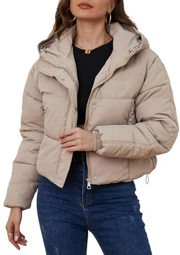 Yimoon Women's Cropped Puffer Jacket Hooded Zip Up Quilted Short Padded Coat Lightweight Winter Warm Outwear(Khaki-S)