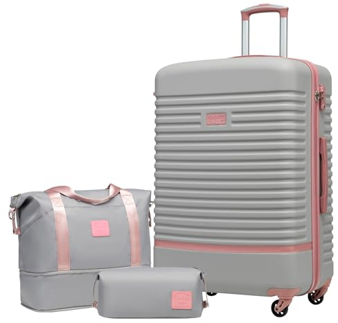 COOLIFE Koffer Set 3-TLG: Koffer Groß + Reisetasche | ABS Hartschale Leicht, 360° Räder & TSA-Schlösser Für Europa, Kreuzfahrt & Auslandsstudium – Familienurlaub Essentials Grau/Rosa