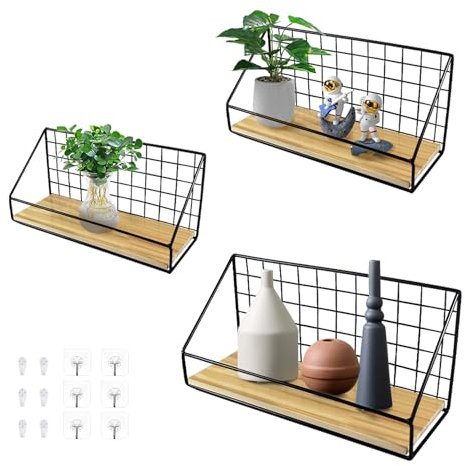 YKUKIZEE Rustic Floating Shelves Set of 3, Metal Wire Shelves for Wall, Wooden No Drilling Floating Shelves Wall Mounted for Bedroom Kitchen Bathroom