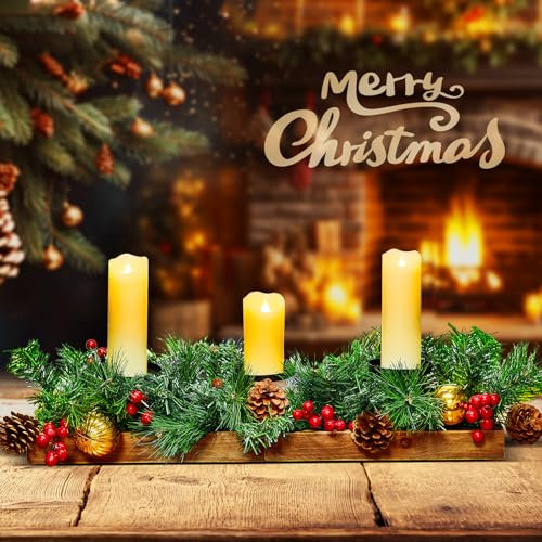 Brightown Weihnachtskerzenhalter Mittelstück, faltbare Holzbox, inklusive Tannenzapfen, rote Beere, Weihnachtskugel-Ornamente und 3 Kerzenhalter mit 3 flammenlosen Kerzen für