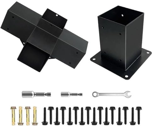 DEVALLEY 4-Wege-Pergola-Halterungs-Set, rechte Ecken, Holzklammern mit Pfostenankern für 4 x 4 (tatsächlich: 8,9 x 8,9 cm), Holzbalken für Terrasse, Pergola, Blockhütte, Pavillon mit Hardware (2
