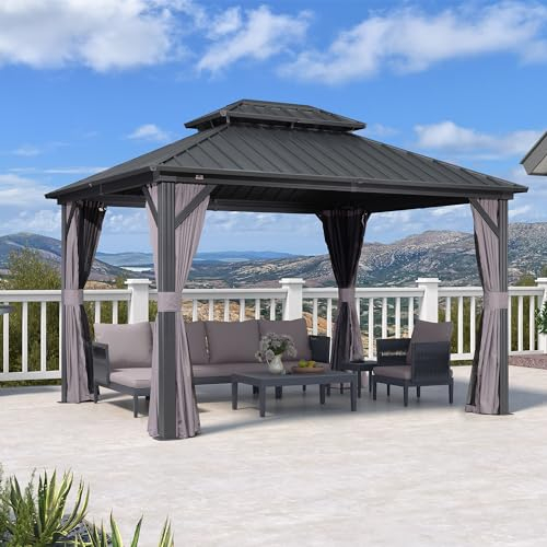 PURPLE LEAF Pavillons 3 x 3.65 m Festem Dach, Basisch Gartenpavillon Wasserdicht Stabil Winterfest Hardtop Pavillon mit Stahldach Alupavillon mit Seitenwänden, Grau