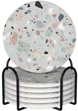 Terrazzo Lot de 6 dessous de verre pastel en marbre absorbant en céramique avec support et base en liège, jolis dessous de verre en pierre pour décoration d'intérieur, table basse, bar, bureau, cadeau