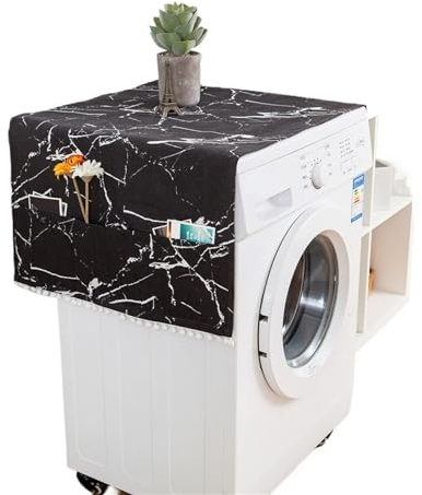 Waschmaschinenabdeckung Staubdichte Abdeckung mit schwarzem Muster for Waschmaschine, Leinendruck, Kugelquaste, Tasche, Kühlschrank, Mikrowelle, Staubschutz Waschmaschinenschutzabdeckung(S43852,30x90c