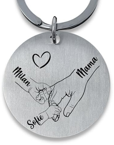 SMARTEON Personalisierter Schlüsselanhänger mit Gravur für Mama, Geschenk mit Namen, für Kinderhände, einzigartiger Schlüsselanhänger mit Gravur, Geschenk zur Taufe, Hochzeit, Geburtstag
