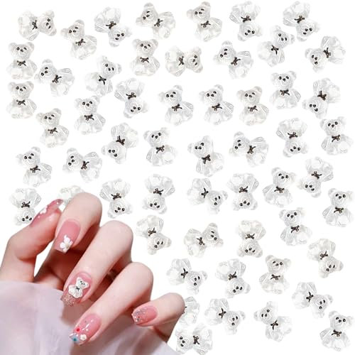 Bear Nail Charms,60PCS Cute Cartoon Bear Nail Art Decoration Nail Gems,3D Nail Charms Nail Accessories Ornaments for Women Girls Manicure Design DIY Crafts (Transparent White 60PCS)