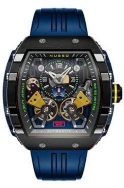 Nubeo Magellan Herren-Automatikuhr mit Doppelzylinder, 48 mm, mit Gummiband NB-6100, Opalblau, Armband
