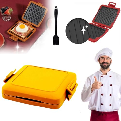 Asslye Microwave Toastie Maker, Silicone & Steel, Yellow, Compact, Non-Stick Coating, 17 x 14 cm, Dishwasher Safe