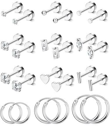 JeweBella 12 Paar Ohrringe Set für Damen - Chirurgenstahl 14K Vergoldet Creolen für Mehrere Ohrlöcher - Zirkonia Herz Klein Ohrstecker Knorpel Tragus Helix Piercing Gold/Silber