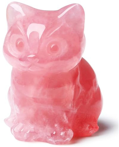 Sahoottie Pink Cat Ornament - Cute Gifts for Women and Cat Lovers - Rose Quartz Crystal Desk and Shelf Accessory for Bedroom Decor