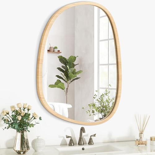 Lzuso Unregelmäßiger hölzerner Wandspiegel Ovaler Rahmen Asymmetrischer Spiegel für Wand Eitelkeit Schlafzimmer Badezimmer Wohnzimmer Flur Modern Einzigartig Dekorativ Kunstvoll Hängender Spiegel