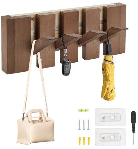 AHANDMAKER Wall Mounted Coat Rack Piano Coat Rack Coat Hooks Hanger Wood Wall Mounted with 4 Hooks Flip Down Wall Hook for Hanging Coats Keys Hats Towels Bags