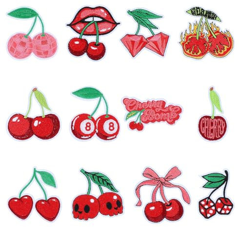 12Pcs Cherry Iron on Patches Cute Cherry Embroidered Patch Fruit Bomb Bow Skull Lip Red Aesthetic Girly Style Sew on Repair Applique Patches for Clothing Backpack Hat DIY Crafts Decoration