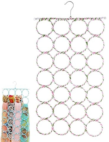 DBAILY Scarf Organizer, Multiple Purpose Scarves & Belts Organizer - 28 Ring Hanger, Foldable Shawl & Hijab Tie Organiser for Home & Bedroom