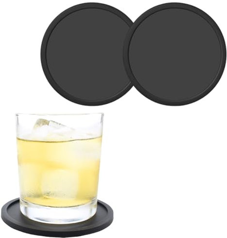 CENSIVI Drink Coasters Set of 2 - Black Round Mugs Coasters for Drinks, Silicone Coasters Pads Mats Non Slip for Coffee Mugs, Wine Glass, Beer and Bottles