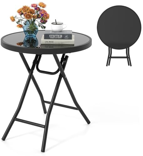 COSTWAY Beistelltisch klappbar, Kleiner Klapptisch, wetterfester Gartentisch, runder Balkontisch mit Tischplatte aus gehärtetem Glas für Balkon, Garten, Terrasse, 46 x 46 x 48 cm (Schwarz)