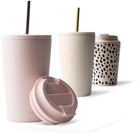 MAMEIDO Thermobecher mit Strohhalm 470ml, Trinkbecher mit Deckel und Strohhalm aus Edelstahl doppelwandig isoliert, auslaufsicher, Coffee to go Becher (Blush Kissed, 0,47l)