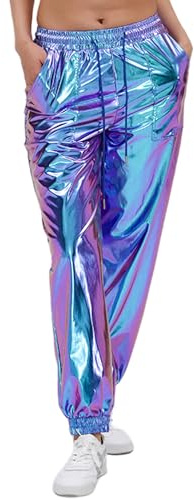 AGYMNX Damen Metallic Glänzend Hose mit Kordelzug Lackleder Jogger Casual Wetlook Cargohose Hologramm Hip Hop Tanzhosen für Nachtclub Disco Club Theme Party