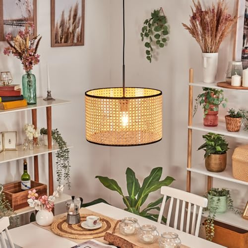 HOFSTEIN Hängeleuchte Ramila, Hängelampe aus Metall/Rattan/Wiener Geflecht/Stoff in Schwarz/Natur, moderne Pendelleuchte im Retro/Vintage-Design, E27, max. 149 cm, Esszimmer, Wohnzimmer, Küche, Flur