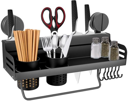 Étagère à épices murale sans perçage avec ventouse, étagère de cuisine suspendue avec 2 range-couverts, fente pour couteaux et 6 crochets, étagère à épices avec ventouses, facile à installer pour les