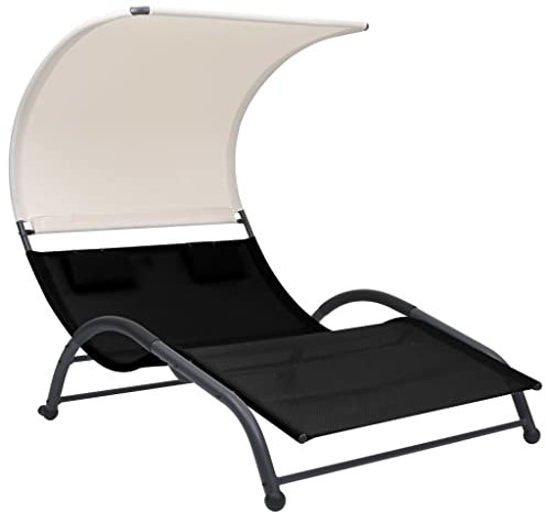 SDWEHO7 Garten Liegestuhl, Doppel-Sonnenliege, Gartenliege mit Sonnendach, wetterfest Chaiselongue, Outdoor Liege für Balkon und Terrasse, Textilene Schwarz