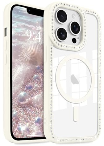 LCHULLE Magnetic Clear Glitter Phone Case for iPhone 13 Pro Max, White | Compatible with MagSafe, Bling Sparkly Diamond Rhinestone Cute Design for Women Girls, Hard PC Back Cover Soft TPU Bumper