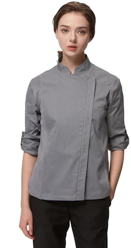 Guolamy Kochjacke Damen Langarm Kurzarm Professionelle Kochkleidung mit Reißverschluss 2947W(lange Ärmel-Grau,M)