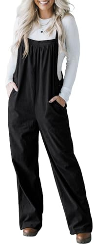 IWOLLENCE Corduroy Dungarees Women Adjustable Strap Overalls Bib and Brace Jumpsuit for Women UK Ladies Corduroy Jumpsuits with Side Buttons and 4 Pockets (Black, XXL)