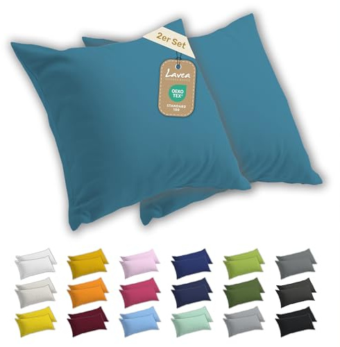Lavea® 2er Set Kissenbezug 40x40 - Aquamarin | 100% Baumwolle Jersey – Weiche Kissenhülle & Kopfkissenbezüge, OEKO-TEX® Standard