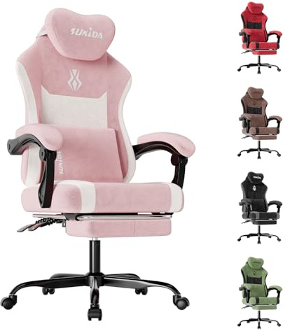SUKIDA Gaming Stuhl, Ergonomischer Schreibtischstuhl mit Fußstütze Kopfstütze und Lendenkissen, Schreibtischstuhl mit Stoffoberfläche Hochwertiger - Stoff, Rosa