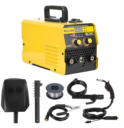 Saldatrice MIG 3 in 1 140 A – Saldatrice multifunzione senza gas per casa e officina, 110 V/220 V Dual Voltage, con display LED, maschera e accessori
