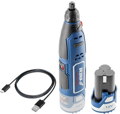 Elektrowerkzeug-Set DEDRA MAUS mit Akku-Mini-Schleifer 12V DED7340Z1 + 47-teiliges Zubehör, 32 Nm, 2 Ah Akku DED7320 und USB-C-Ladekabel DED7300