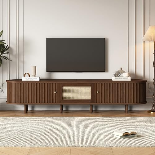 RAPRAP TV-Schrank Holz Dunkle Walnuss mit Rattan-Dekor, TV Lowboard 3D-Prägung & Goldgriffen, Fernsehschrank 180cm MDF, TV Unterschrank Höhenverstellbar,180cm c