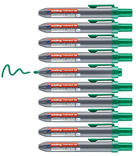 edding 12 Retract whiteboard marker - green - 10 whiteboard pens - round nib 1.5-3 mm - capless design - for one-handed use on whiteboards, flipcharts, magnetic boards, pinboards, memo boards