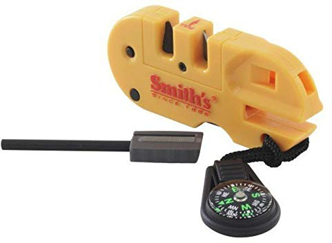 Smith’s 50364 Pocket Pal X2 Sharpener & Outdoors Tool – Yellow – Coarse and Fine – LED Light – Fire Starter – Signal Whistle - Compass