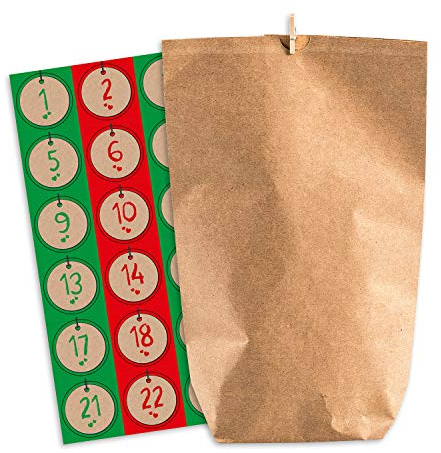 Adventskalender zum Befüllen Nordic Vintage 24 Papiertüten Geschenktüten Weihnachten, Weihnachtskalender Bastelset inkl. Adventszahlen Aufkleber von pajoma