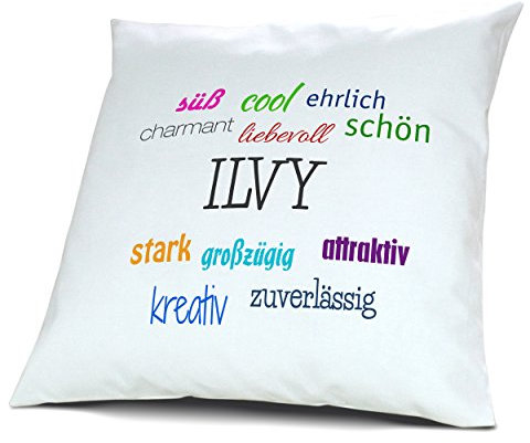 digital print Kopfkissen mit Namen Ilvy - Motiv Positive Eigenschaften, 40 cm, 100% Baumwolle, Kuschelkissen, Liebeskissen, Namenskissen, Geschenkidee, Deko