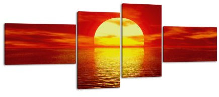 Leinwandbild Roter Sonnenuntergang LW27 Wandbild, Bild auf Leinwand, 4 Teile, 200x90cm, Kunstdruck Canvas, XXL Bilder, Keilrahmenbild, fertig aufgespannt, Bild, Holzrahmen, Abendrot, Meer, Sonne,