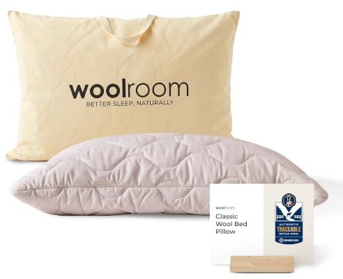 WOOLROOM Classic British Wool Pillow, Medium Firm Bed Pillow Standard Size 48x74 cm - Natural Certified Hypoallergenic Moisture Wicking Dust Mite Bed Bug Resistant Feather Down Alternative