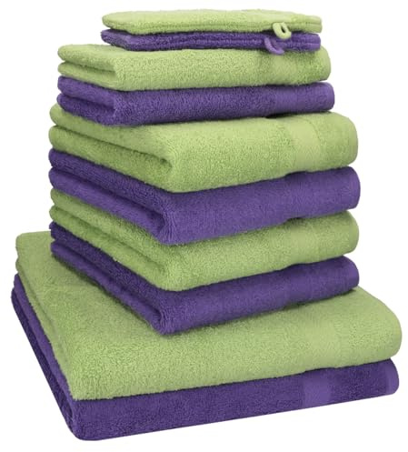 Betz 10-TLG. Handtuch-Set Premium 100% Baumwolle 2 Duschtücher 4 Handtücher 2 Gästetücher 2 Waschhandschuhe Farbe Apfel Grün & Lila