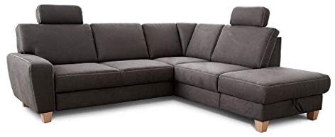 Cavadore Ecksofa Wisconsin mit Bettfunktion / Schlafsofa mit Federkern in Lederoptik / Inkl. 2 Kopfstützen + Stauraum / Landhausstil / Holzfüße in Buche / 248 x 88 x 215 cm / Dunkelgrau