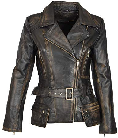 A1 FASHION GOODS Damen Biker Lederjacke SCHWARZ Vintage Abreiben Slim Fit Taille Gürtel Mantel - Coco
