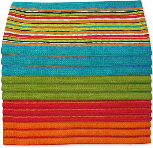 Salsa gestreifte Küchentücher, 100 % natürliche, saugfähige Baumwolle, Waffelmuster, Mehrzweck, festlich, Rot, Orange, Grün, Blau, 71,1 x 40,6 cm, 12 Stück