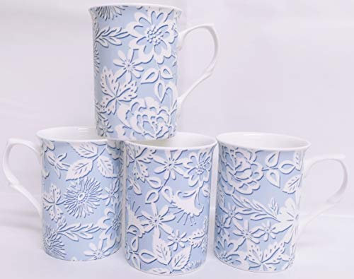 Blue Lace Mugs Set of 4 Fine Bone China Blue and White Flowers Castle Cups Hand Decorated in UK