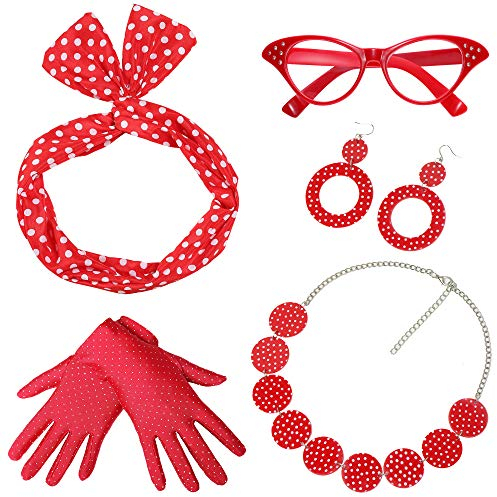 Coucoland 50er Jahre Rockabilly Kostüm Accessoires Damen 1950s Zubehör Set Inklusive Polka Dots Bandana Haarband Ohrringe Handschuhe Katzenaugen Sonnenbrille Chiffon Schal (Rot - Stil 2)