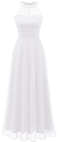 Wedtrend Robe Blanche Longue en Dentelle Chic Col Rond sans Manche Epaule Nue pour Soiree Mariage Bal WT0201 White XL