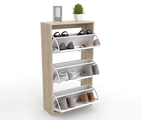 DORMIDAN- Zapatero 3 Puertas, Mueble Armario, Gran Capacidad (Roble Puertas Blancas)