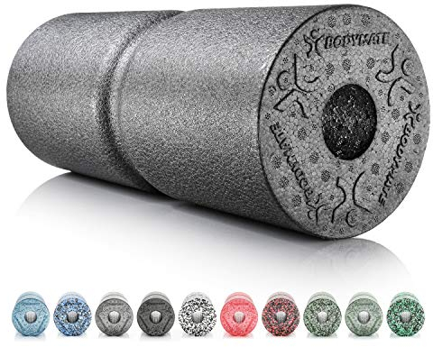 BODYMATE Faszienrolle CARE Mittel-Hart mit umlaufender Rille zu Wirbelsäulen-Entlastung mit E-Book - Carbon-Grey 35x14cm