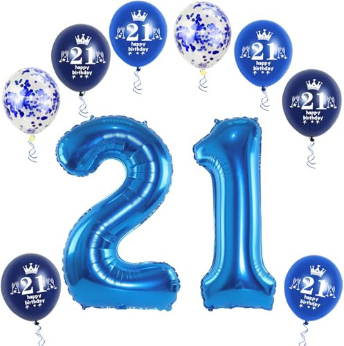 XL Folienballon 21 Geburtstag, Folienballon Zahl 21, Zahl 21 Blau, Luftballons 21, Nummer 21 Luftballon Blau, 32 Geburtstagsdeko Ballon 21